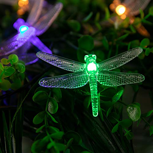 Dragonfly Solar String Lights Outdoor 25.6FT 30 LED Waterproof Solar Powered Fairy Lights, 8 Modes Decorative Lights for Patio Garden Yard Fence Wedding Christmas Party, Multicolor - style: Dragonfly