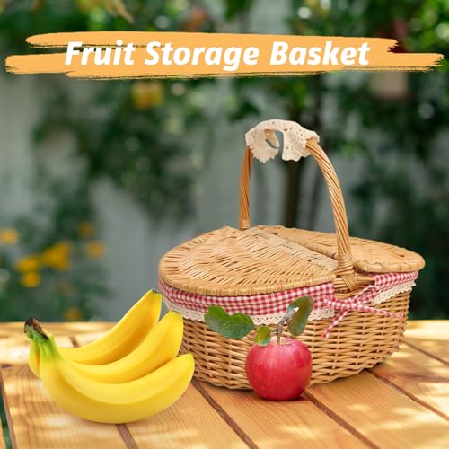 Picnic Basket，Handwoven Wicker Picnic Basket with Lid, Storage Hamper with Handle, Rattan Serving Basket for Outdoor, Beach, Camping