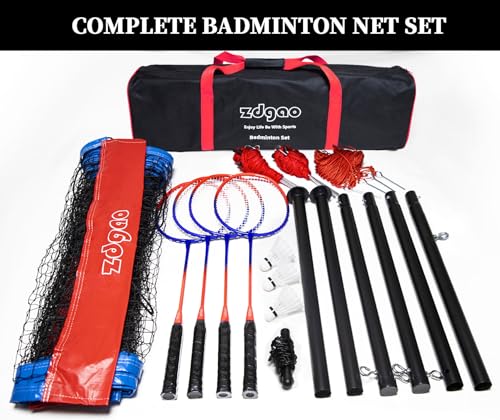 Zdgao Badminton Sets for Backyard, Portable Badminton Net with Tension Adjuster, Badminton Racket Set of 4, 3 Nylon Shuttlecocks, Boundary Line and Carry Bag for Backyard Beach Family Games - color: RED&BLUE