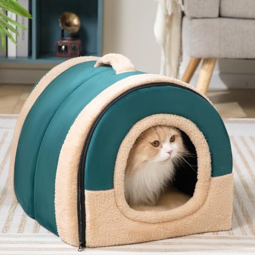 Hollypet Cat Bed Self-Warming 2 in 1 Foldable Kitty Cave Hut House Nest Pet Sleeping Bed, Crystal Velvet Pet Condo for Indoor Cats, Green Arched Cave - color: Green Arched Cave