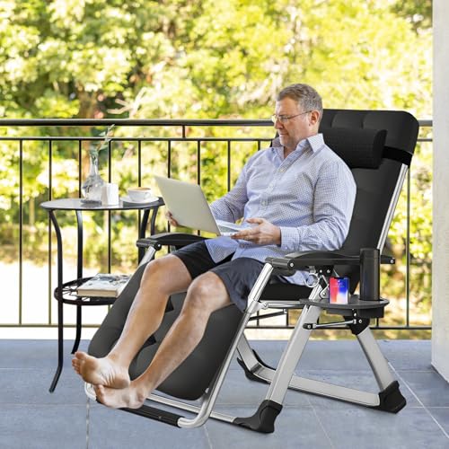 Slsy Zero Gravity Chair, Reclining Lounge Chair with Removable Cushion & Tray for Indoor and Outdoor, Patio Recliner Folding Reclining Chair - color: Arctic Black, style: Zero Gravity Chair