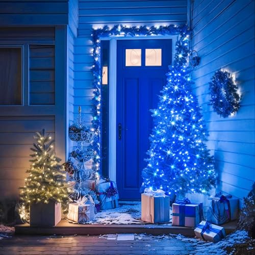LAMPHOME 50 LED Blue Christmas Lights Outdoor, 16 FT Mini String Light with 9 Modes & 6 Hour Timer, Waterproof Battery Operated for Indoor Outdoor Patio Garden Party Tree Decoration - color: Blue, size: 50 Count