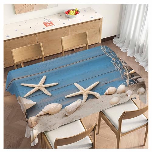 52x70 Inch Tablecloth Starfish Seashell, Beach Seashells Fishnet Rustic Wood Non-Fading Table Covers Kitchen Dinning Tabletop Decoration, Washable Table Cloth for Outdoor and Indoor Use - color: Starfish Seashell