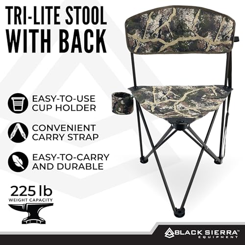 Black Sierra Tri-Lite Stool w/Back, Lightweight Portable Fishing Chair w/Cupholder and Carry Strap, Supports 225-Lb, Portable Outdoor Chair for the Hunting Blind, Camping, Travel, Hiking - color: Axs Camo Ranger