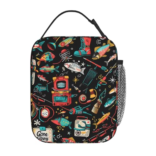 Reusable Fishing Gear Pattern Lunch Box for Kids Girls Boys Women Adult, Insulated Fun Lunch Bag,Polyester Cooler Handbags Case for School Picnic Work Travel Outdoor Beach or Hiking - color: Fishing 01