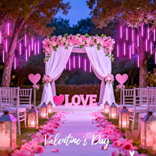 JMEXSUSS Pink Valentine Lights Outdoor, 8 Tube 144 LEDs Solar Meteor Shower Lights Outdoor, Solar Christmas Lights for Tree Eave Holiday Party Patio House Wedding Valentine's Day Decor - color: Pink, size: 1*144LED
