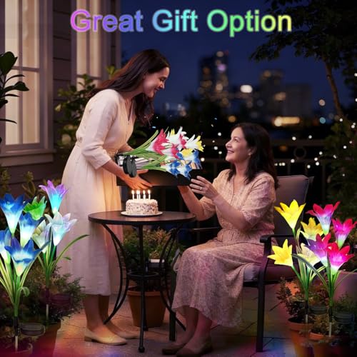 echosari 4 Pack Color Changing Solar Lights Outdoor Waterproof, Solar Lily Flower Stake Lights Auto ON/Off Solar Garden Lights for Lawn Pathway Landscape Garden Gifts for Mom Women Grandma - color: Multi-color Lily Flower