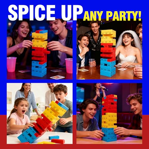 Tumble Tower Blocks Party Game,121PC Wooden Stacking Game,60 Blocks,60 Cards,1 Dice,Thousands of Hilarious Combos,Classic Tower Stack Games for Family Night Party Wood Block Games with Storage Bag