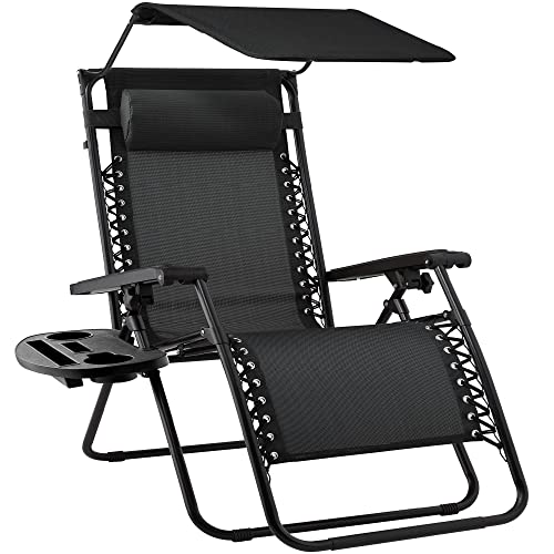 Best Choice Products Folding Zero Gravity Outdoor Recliner Patio Lounge Chair w/Adjustable Canopy Shade, Headrest, Side Accessory Tray, Textilene Mesh - Black - color: Black, size: Standard