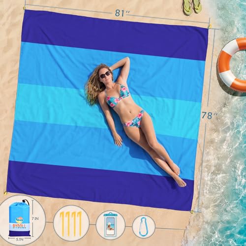 BYDOLL Beach Blanket 78''×81'' 4-7 Adults Oversized Lightweight Waterproof Sandproof Beach Blanket Large Picnic Mat for Travel Camping Hiking Picnic(78" X 81", Blue-Mixed) - color: Blue5, size: 78"X81"