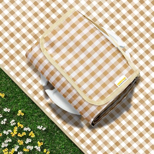 SAMSIER Outdoor Picnic Blankets Waterproof Foldable Sandproof, Large Gingham Cute Picnic Mat Washable Portable for Park Beach Camping Courtyard (Coffee, 60"×80") - color: Coffee, size: 5' x 6'8" (Rectangular)