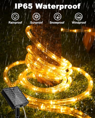 btfarm Solar Rope Lights, 120LED 46FT Solar String Lights Outdoor Waterproof, 8 Lighting Modes Solar Powered Strip Tube Light for Outside Garden Tree Christmas Yard Patio Wedding Decor, Warm White - color: Warm White, size: 1 Pack