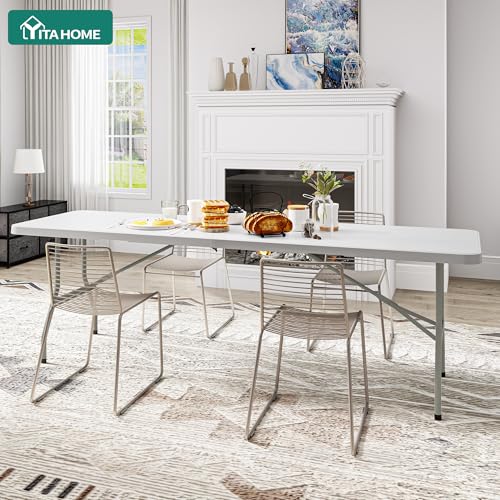 YITAHOME 8FT Folding Tables, Heavy Duty Folding Table with Carrying Handle, Plastic Fold up Table for Outdoor Camping Picnic Parties/Indoor Events, White - color: White