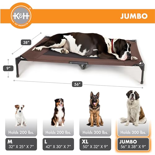 K&H Pet Products Outdoor Elevated Dog Cot, Breathable Cooling Elevated Cot Hammock Pet Bed for XL Dogs, Washable Mesh Cover, Raised Metal Frame, Collapsible, Portable - Jumbo 56 X 38in Chocolate - color: Chocolate/Black Mesh, size: Jumbo 56"l X 38"w