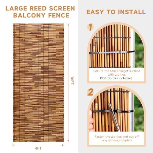 ZNCMRR Reed Fencing Rolls Fencing 4ft High Roll Reed Screen for Balcony Patio Garden Backyard 4FT X 16.4FT Privacy Fence（Brown） - color: 4X16.4 FT Brown, size: 4X16.4 FT