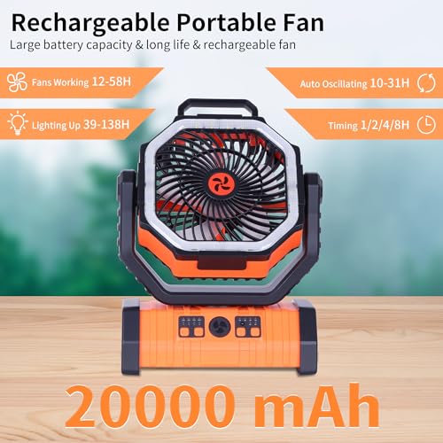 20000mAh Emergency Battery Powered Fan & LED Light, Battery Operated Rechargeable Fan for Power Outage, Car Defrosting, Indoor Use with 360° Oscillating & Hook, 8H Timer, Portable Camping Fan - color: Orange
