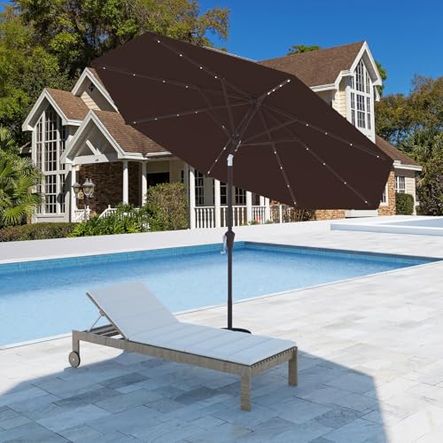 9FT Patio Umbrella with Solar Lights,Outdoor Market Umbrella with Tilt and Crank, LED Lighted Table Umbrella for Garden,Deck,Backyard,Pool,Beach (Brown) - color: Brown