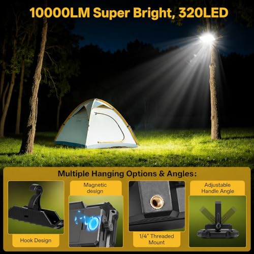 LED Work Light Rechargeable Outdoor, 13000mAh Work Flood Lights 10000LM with 4 Light Modes for Camp Essentials, IP65 Waterproof LED Lantern for Emergency, Power Outages, Car Repair, Tent