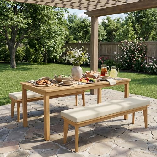 FansaFurn 3-Piece Outdoor Dining Set for 4 with 2 Benches and Cushion, All-Weather Acacia Wood Patio Table and Bench Set for Garden and Lawn, Beige