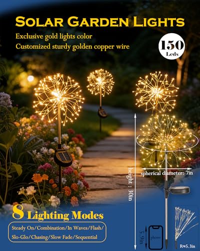 Solar Garden Lights Outdoor Yard Decorations, 4 Pack 150Leds Pathway Light, Fairy Firework Stake Lights for Garden, Patio, Pathway, Flowerbed Gold Color - color: Golden, size: 4 Pack