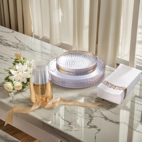 DaYammi 175PCS Clear Gold Plastic Dinnerware Set, Plastic Plates Disposable Hammered Disposable Plates for Party, Include: 25 Dinner Plates 25 Dessert Plates 75 Gold Silverware 25 Napkins 25 Cups - color: Clear, size: 175 Pcs