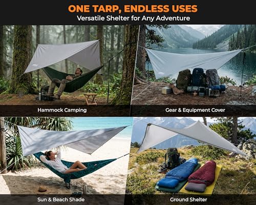 Foxelli Hammock Rain Fly - Waterproof Lightweight Tent & Hammock Rain Tarp for Camping, Backpacking w/Easy Setup Including Extra Long Guy Lines & Stakes