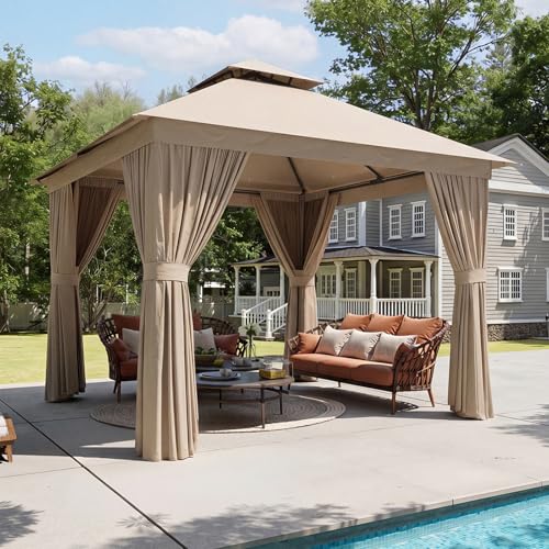 Aoxun Outdoor Gazebo for Patio 10x10 Metal Frame Canopy with Double Roofs Heavy Duty Party Tent and Shelter with Mosquito Netting and Privacy Screen for Backyard, Lawn, Garden, Deck (Khaki) - color: Khaki, size: 10 X 10