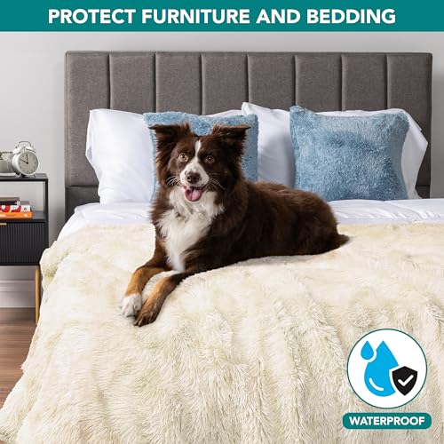 PetAmi Waterproof Dog Blanket for Couch, Queen Bed & Furniture,Reversible Sherpa & Faux Fur Pet Blanket, Leakproof Throw for Large Dog Cat, Washable Soft Calming Sofa Protector (90x90, Cream Beige) - color: Beige, size: Queen (90x90)