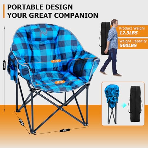 LILYPELLE Oversized Heated Camping Chair, Patio Lounge Chairs with 3 Heat Levels, Portable Folding Heated Chair Round Moon Saucer Folding Lawn Chair Outdoor Chair for Camping, Lounge Patio - color: Blue Grid, style: Heated Moon Chair