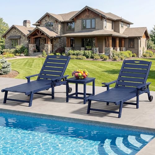 Outdoor Lounge Chair Set of 2 with 5-Position Adjustable, Outside Lounge Chair with Cup Holder, Wheels for Easy Mobility, HDPE Tanning Chair for Poolside, Patio, Blue - color: Blue, size: 2pc