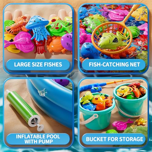 JUKUDAHU Magnet Fishing Toys Game for Kids 3-5 - Floating Fish Toys with Inflatable Kiddie Pool, Bath for Toddlers, Pole Rod Net, Outdoor Party for Boys Girls Kids Age 3 4 5 6 7 8 Year Old - style: 60 PCS Fishing and Round Pool with 2 Pails