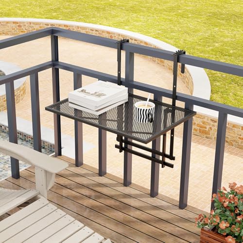HAPPYGRILL Balcony Railing Table, Outdoor Folding Hanging Table with 5 Adjustable Heights, Heavy Duty Metal Hanging Bar Table for Patio, Garden and Deck