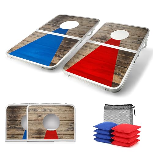 Portable Cornhole Board Set with Aluminum Alloy Edging,2x1.3ft Foldable Corn Hole Games for Adults and Family with 8 Bean Bags for Outdoor Backyard Travel Tailgate Camping - color: Red and Blue