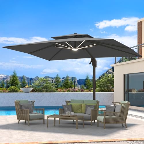 10 X 13 FT Cantilever Patio Umbrella with LED Lights Outdoor Heavy Duty Double Top Windproof Rectangle Offset Umbrellas with 360-degree Rotation for Pool Deck Backyard, Grey - color: Grey, size: 10' X13'-Weighted Base Not Included