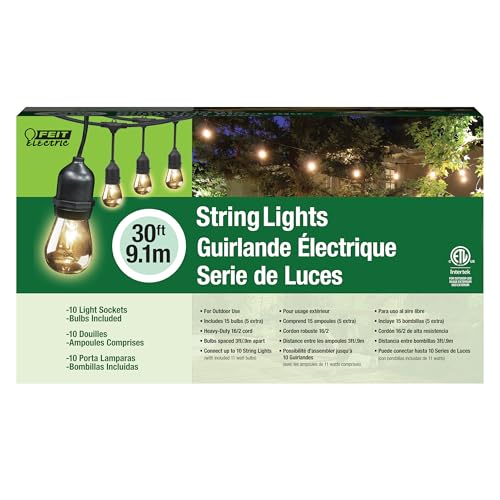 Feit Electric 30ft Outdoor Incandescent String Lights, Warm Amber Glow, Heavy-Duty Weatherproof Cord, Includes 10 Clear Bulbs + 5 Spares, End-to-End Connectable for Patios and Gazebos, SL30-10 - color: Warm White, size: 30 ft, style: 10 Sockets