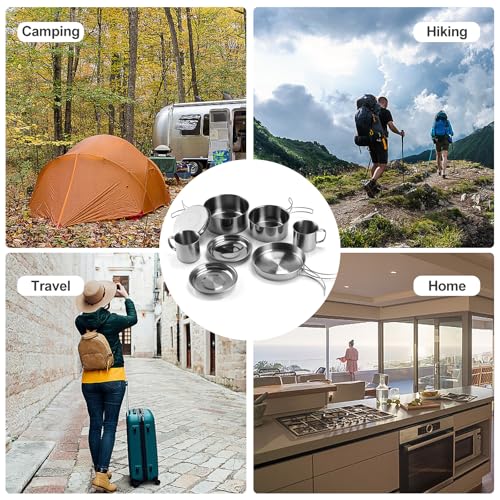 Stainless Steel Camping Cookware Mess Kit - Portable Backpacking Cooking Set with Pot/Plates/Cups & Storage Bag, Outdoor Cookware for Hiking, Picnic, Camping & Backpacking Adventures（8PCS）
