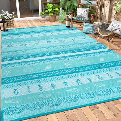 Lahome Outdoor Plastic Straw Rug, Reversible Outdoor Rug Waterproof 9x12 Rugs for Patio, RV Camping Rug Picnic Mat Outside Large Carpet for Beach Deck Backyard Balcony(Blue/Multi,9'x 12') - color: Blue, size: 9'x12'