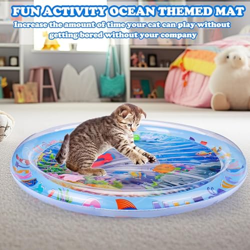 Cat Water Mat, 2025 Upgraded Thickened Anti-Scratch Leak Proof Cats Water Sensory Play Mat with Floating Fish, Pet Summer Cooling Pad, Interactive Cat Toys to Play for Indoor Cats (B)