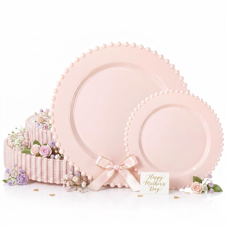 U-QE 60PCS Pink Plastic Plates - Heavy Duty Beaded Pink Disposable Plates for Mothers Day, Party, Baby Shower, Wedding - Serving 30 Guests Include 30PCS 10inch Dinner Plate & 30PCS 7inch Dessert Plate - color: Pink