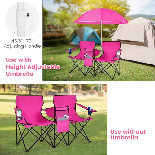 COSTWAY Double Portable Picnic Chairs, Folding Camping Chairs w/Detachable Umbrella, Cooler Bag, Cup Holders, Patio Beach Camping Chairs for Outdoors, Pink - color: Pink