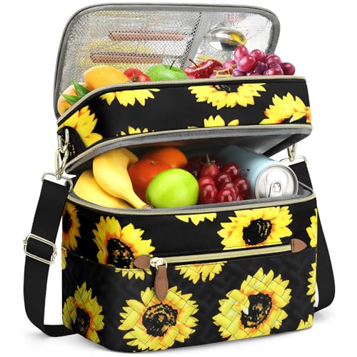 Capolo Lunch Box for Women Men Adults,Double Deck Insulated Lunch Bag Leakproof Lunch Cooler Box with Removable Strap Lunch Tote Bags Reusable Thermal Lunchbox for Work Picnic(Large,Sunflower) - color: Sunflower, size: Large