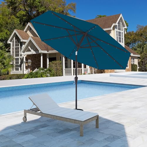 9FT Patio Umbrella with Solar Lights,Outdoor Market Umbrella with Tilt and Crank, LED Lighted Table Umbrella for Garden,Deck,Backyard,Pool,Beach (Lake Blue) - color: Lake Blue