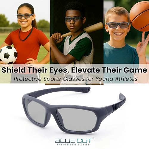 BLUE CUT Kids Sports Protection Goggles – Photochromic Safety Glasses for Children, Basketball, Baseball & Outdoor Sports - color: Gray/Black Photochromic-kids Size