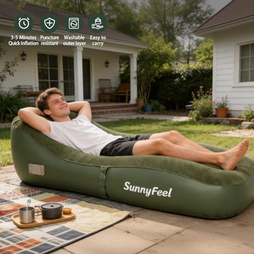 SUNNYFEEL Inflatable Lounger Couch with Built-in Pump, Heavy Duty PVC Flocked Inflatable Sofa Chair for Adults, Portable Air Lounger for Camping, Beach, Home & Outdoor, Army Green - color: Army Green