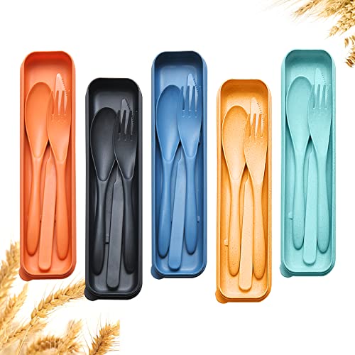 Reusable Travel Utensils Set with Case, 5 Sets Wheat Straw Portable Plastic Fork Spoons Knife Camping Cutlery, Eco-Friendly BPA Free Lunch Tableware for Kids Adults Travel Picnic Utensils - color: 5 Sets - Orange, Yellow, Dark Blue, Dark Green, Black
