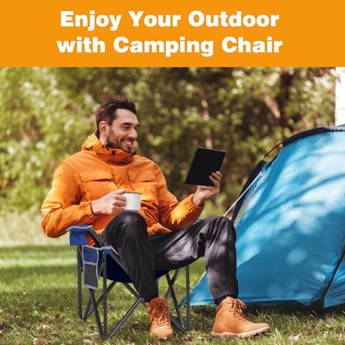 Camping Chair Portable Folding Outdoor Chair Heavy Duty Padded Chairs Lawn Chair with Cup Holder, Storage Pocket and Cooler Bag, Supports 500 LBS, Blue - color: Blue