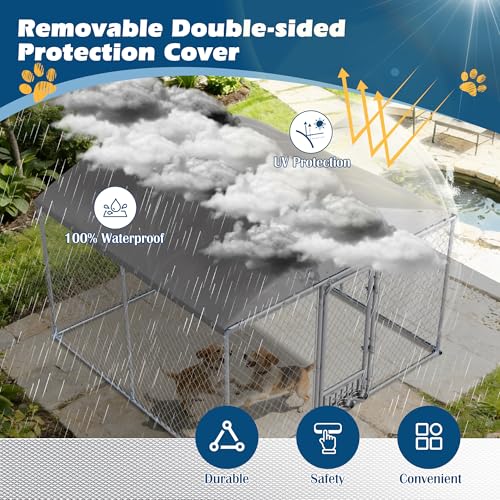 10FT Large Outdoor Dog Kennel with Roof, Heavy Duty Dog Enclosure Kennel House w/Rotating Feeder, Galvanized Chain Link Dog Runs Pet Playpen with Waterproof UV-Resistant Cover and Secure Lock - size: 118"×118"×83"-w/rotating feeders
