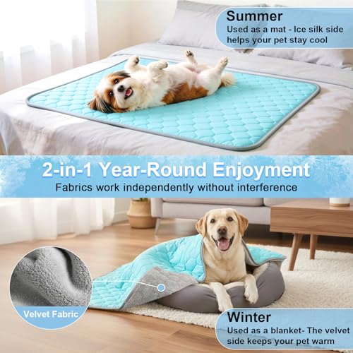 Vivifying Cooling Blanket for Dogs, Q-MAX>0.5 Reversible Ice Silk Dog Cooling Mat with Soft Plush Backing, Summer Pet Blanket Throw for Couch Bed Crate Floor Travel, 40 x 60 Inch (Blue&Grey) - size: L(40"x60")