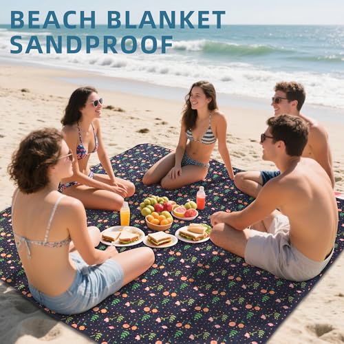 60x80” Double Thickened Picnic Blankets(150g High Density Cotton Stuffed) Navy Blue Floral Pattern Outdoor Picnic Mat Portable Picnic Blanket Foldable with Leather Carry Strap Beach Blanket - color: Blue Floral, size: 60"x80"