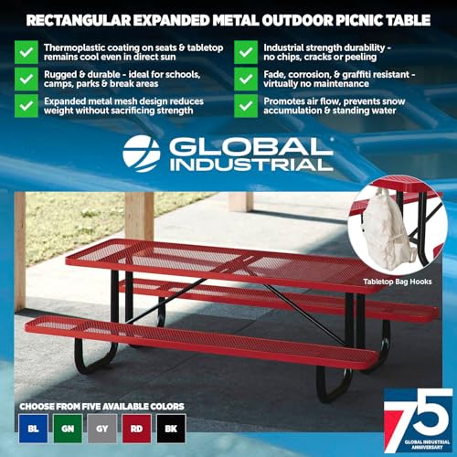 Global Industrial 6’L Rectangular Picnic Table, Expanded Metal, Green Thermoplastic Coating, Attached Benches, 1-1/2” Umbrella Pole Hole, Outdoor-Rated, 1000 lb Capacity, 72” x 30” Tabletop - color: Green